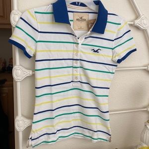 Hollister Polo Shirt White with Colored Stripes & Blue Collar SZ S